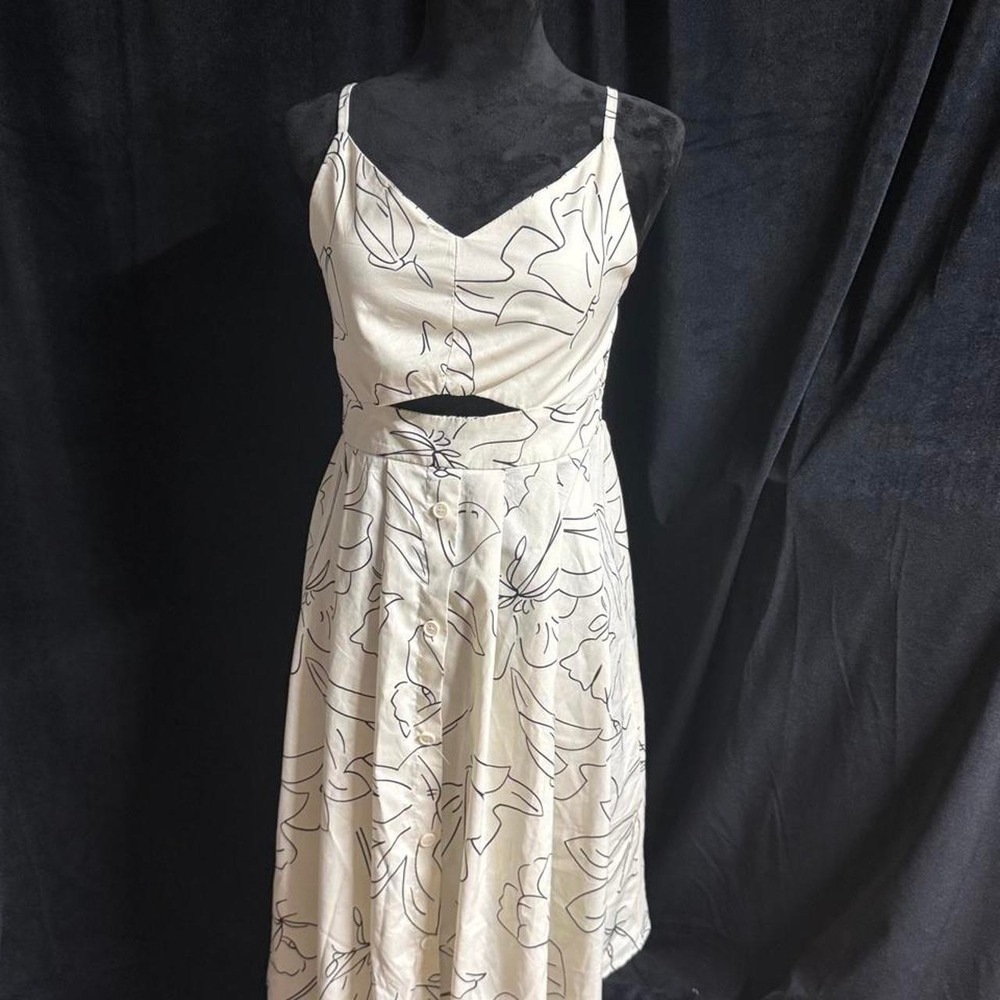 FANCYIN Floral Cutout Midi Dress Cream Black Line Art Smocked Back Womens Large
